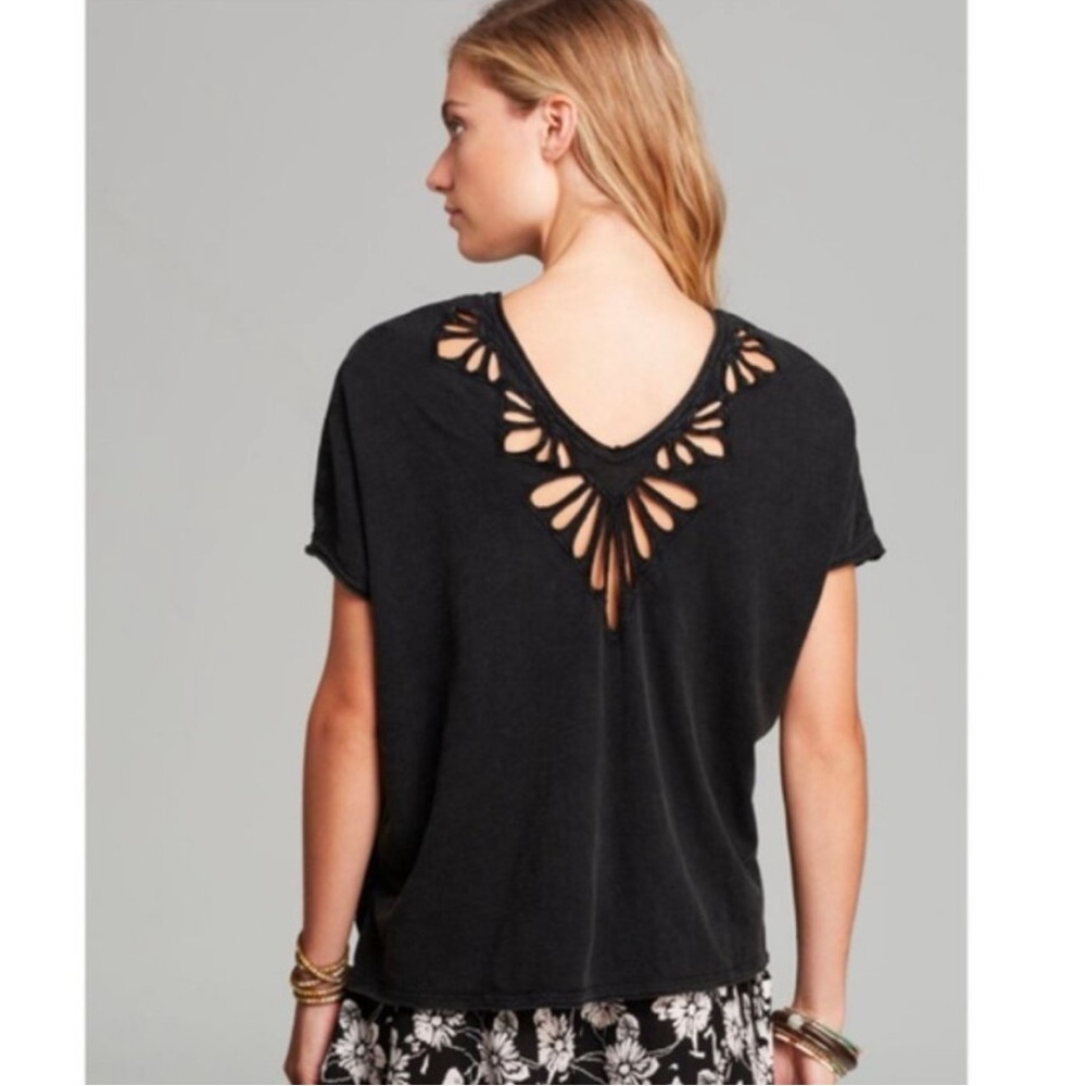 Free People Cut Out Black/Gray Eyelet V-Neck Tee - Picture 2 of 7